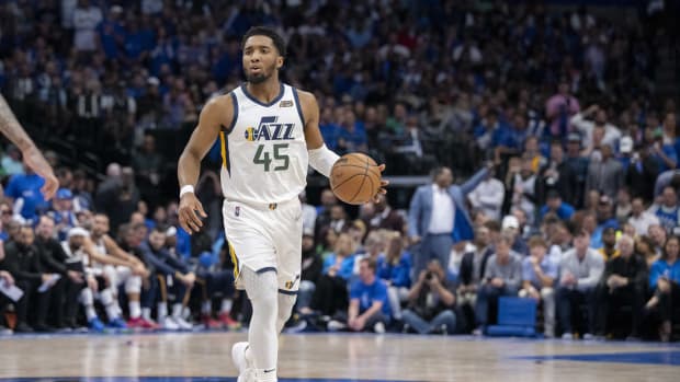 Utah Jazz guard Donovan Mitchell (45) in action during the game between the Dallas Mavericks and the Utah Jazz in game five of the first round for the 2022 NBA playoffs at American Airlines Center.