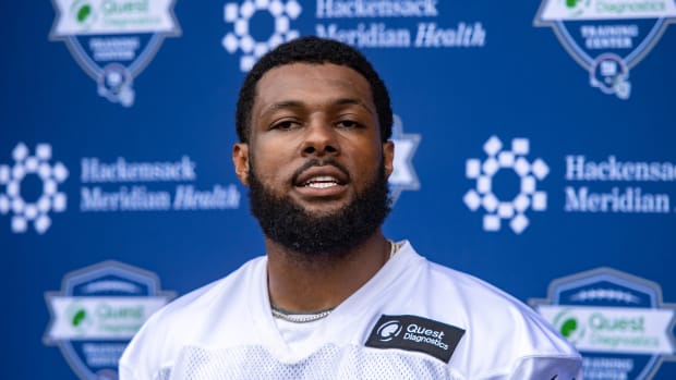 May 13, 2022; East Rutherford, NJ, USA; New York Giants linebacker Kayvon Thibodeaux (5) speaks to the media during rookie camp at Quest Diagnostics Training Center.