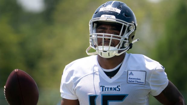Tennessee Titans wide receiver Treylon Burks (16) tosses the ball after making a catch during a Rookie Mini-Camp practice at Saint Thomas Sports Park Friday, May 13, 2022, in Nashville, Tenn.