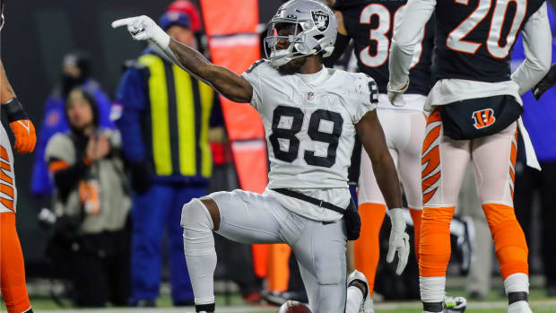 Jan 15, 2022; Cincinnati, Ohio, USA; Las Vegas Raiders wide receiver Bryan Edwards (89) reacts after moving the ball forward against the Cincinnati Bengals in the second half in an AFC Wild Card playoff football game at Paul Brown Stadium. Mandatory Credit: Katie Stratman-USA TODAY Sports