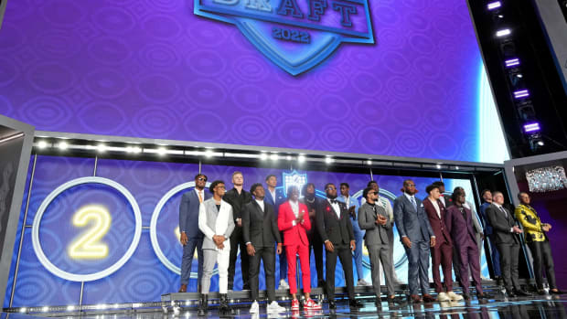Apr 28, 2022; Las Vegas, NV, USA; Draft prospects take the stage before the first round of the 2022 NFL Draft at the NFL Draft Theater.