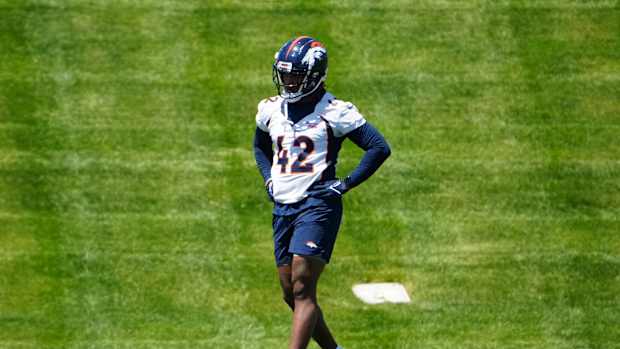 Denver Bronco outside line backer Nik Bonitto (42) during rookie mini camp drills at UCHealth Training Center.