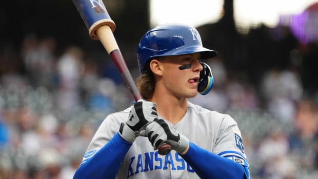 May 13, 2022; Denver, Colorado, USA; Kansas City Royals shortstop Bobby Witt Jr. (7) before the game against the Colorado Rockies at Coors Field. Mandatory Credit: Ron Chenoy-USA TODAY Sports