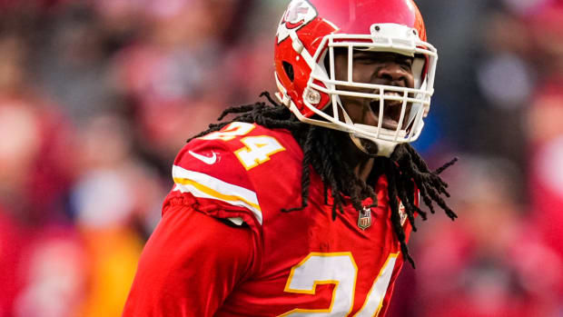 Jan 30, 2022; Kansas City, Missouri, USA; Kansas City Chiefs linebacker Melvin Ingram (24) celebrates during the second half of the AFC Championship game against the Cincinnati Bengals at GEHA Field at Arrowhead Stadium. Mandatory Credit: Jay Biggerstaff-USA TODAY Sports