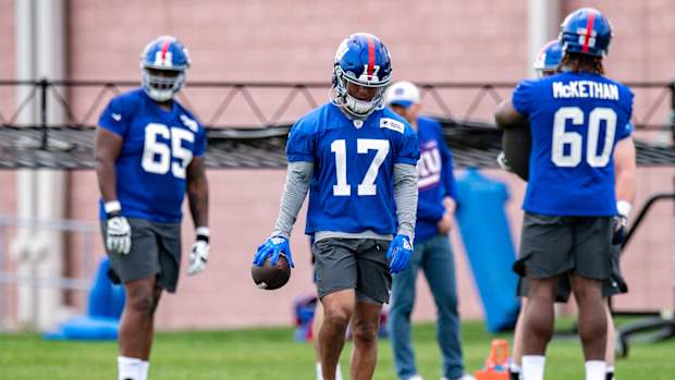 May 13, 2022; East Rutherford, NJ, USA; New York Giants wide receiver Wan'Dale Robinson (17) practices a drill during rookie camp at Quest Diagnostics Training Center.