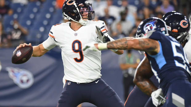 Aug 28, 2021; Nashville, TN, USA; Chicago Bears quarterback Nick Foles (9) drops back to pass against the Tennessee Titans during the second half at Nissan Stadium. Mandatory Credit: Christopher Hanewinckel-USA TODAY Sports