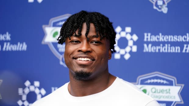 New York Giants linebacker Azeez Ojulari talks to reporters after organized team activities (OTAs) at the training center in East Rutherford on Thursday, May 19, 2022.