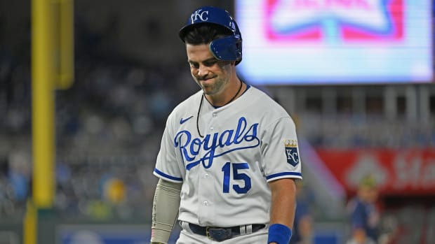 May 20, 2022; Kansas City, Missouri, USA; Kansas City Royals right fielder Whit Merrifield (15) walks off the field after losing to the Minnesota Twins at Kauffman Stadium. Mandatory Credit: Peter Aiken-USA TODAY Sports