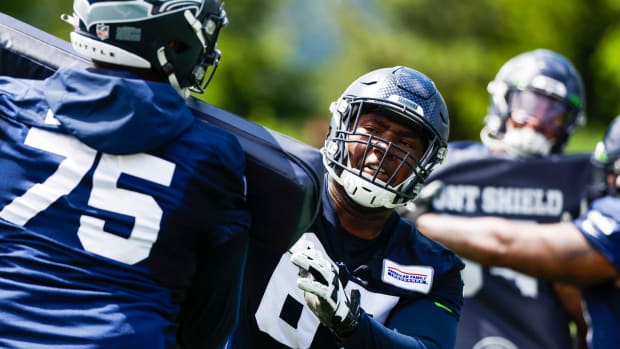 Seattle Seahawks offensive lineman Charles Cross (67) participates in an OTA workout at the Virginia Mason Athletic Center.