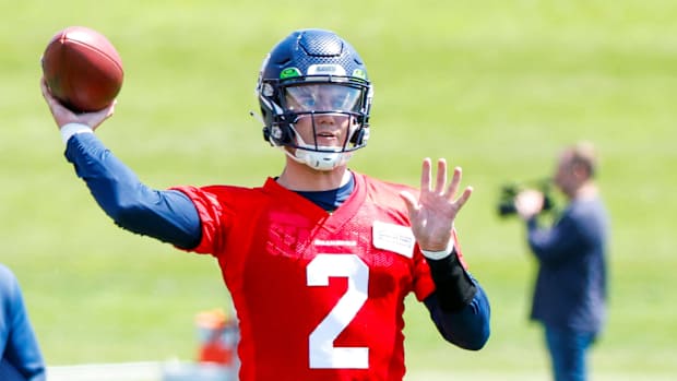 Seattle Seahawks quarterback Drew Lock (2) participates in an OTA workout at the Virginia Mason Athletic Center.