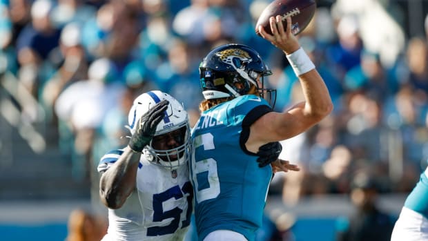 Jan 9, 2022; Jacksonville, Florida, USA; Indianapolis Colts defensive end Kwity Paye (51) moves in against Jacksonville Jaguars quarterback Trevor Lawrence (16) in the second half at TIAA Bank Field. Mandatory Credit: Nathan Ray Seebeck-USA TODAY Sports