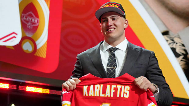 Purdue defensive end George Karlaftis after being selected as the 30th pick in the 2022 NFL draft by the Chiefs.