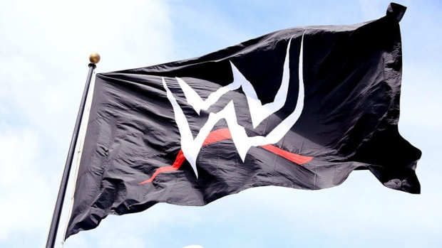 The WWE logo on a flag at WWE Headquarters in Stamford, Conn.