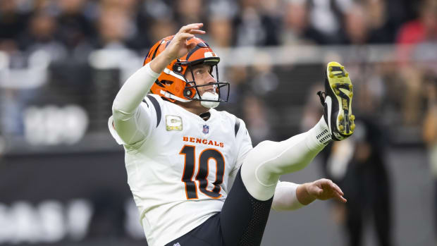 Nov 21, 2021; Paradise, Nevada, USA; Cincinnati Bengals punter Kevin Huber (10) against the Las Vegas Raiders at Allegiant Stadium. Mandatory Credit: Mark J. Rebilas-USA TODAY Sports
