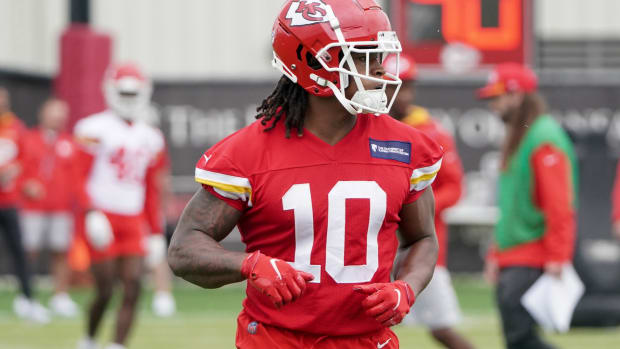 May 26, 2022; Kansas City, MO, USA; Kansas City Chiefs running back Isiah Pacheco (10) runs drills during organized team activities at The University of Kansas Health System Training Complex. Mandatory Credit: Denny Medley-USA TODAY Sports