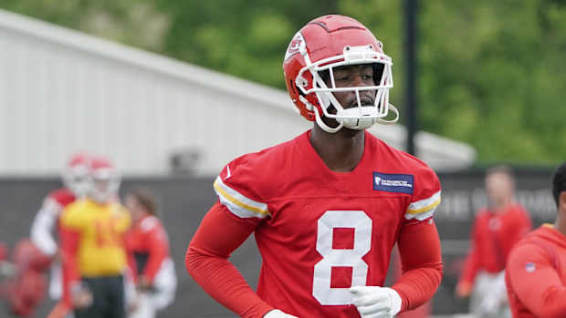 May 26, 2022; Kansas City, MO, USA; Kansas City Chiefs wide receiver Justyn Ross (8) runs drills during organized team activities at The University of Kansas Health System Training Complex. Mandatory Credit: Denny Medley-USA TODAY Sports