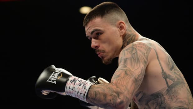 Jan 19, 2019; Las Vegas, NV, USA; George Kambosos Jr (white/black trunks) and Rey Perez (not pictured) box during a lightweight boxing match at MGM Grand Garden Arena. Kambosos Jr won via unanimous decision.
