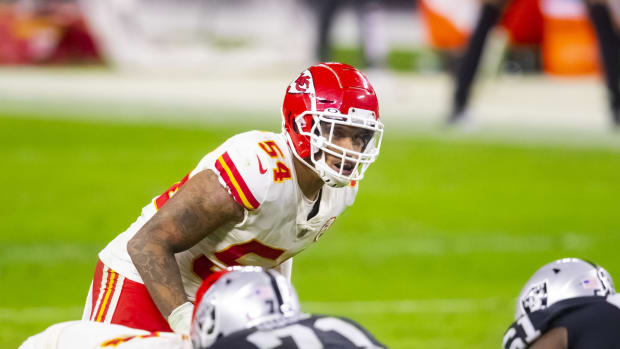 Nov 22, 2020; Paradise, Nevada, USA; Kansas City Chiefs linebacker Damien Wilson (54) against the Las Vegas Raiders at Allegiant Stadium. Mandatory Credit: Mark J. Rebilas-USA TODAY Sports