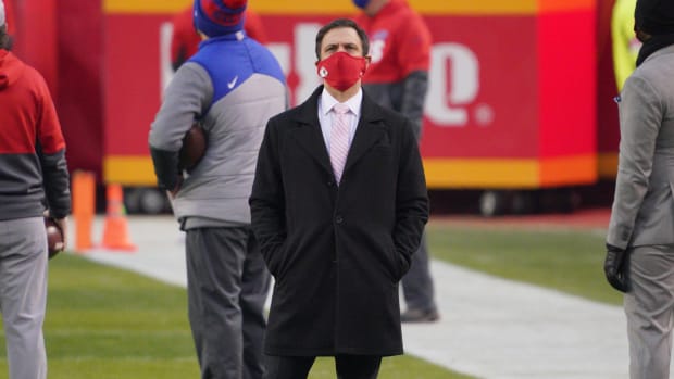 Jan 24, 2021; Kansas City, Missouri, USA; Kansas City Chiefs general manager Brett Veach on field before the game against the Buffalo Bills in the AFC Championship Game at Arrowhead Stadium. Mandatory Credit: Denny Medley-USA TODAY Sports