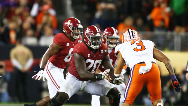 Jan 7, 2019; Santa Clara, CA, USA; Alabama Crimson Tide offensive lineman Alex Leatherwood (70) against the Clemson Tigers in the 2019 College Football Playoff Championship game at Levi's Stadium. Mandatory Credit: Mark J. Rebilas-USA TODAY Sports