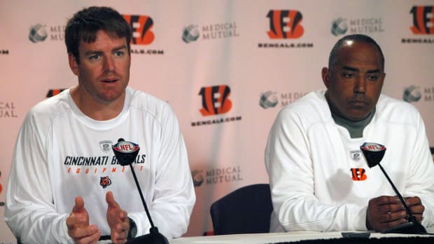 BENGALS30. SPORTS. MARCH 30, 2009. Marvin Lewis (right) and Carson Palmer give a joint press conference at Paul Brown Stadium the morning of MARCH 30, 2009. The Enquirer/Amie Dworecki Bengals30002
