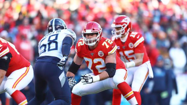 Jan 19, 2020; Kansas City, Missouri, USA; Kansas City Chiefs tackle Eric Fisher (72) against the Tennessee Titans in the AFC Championship Game at Arrowhead Stadium. Mandatory Credit: Mark J. Rebilas-USA TODAY Sports