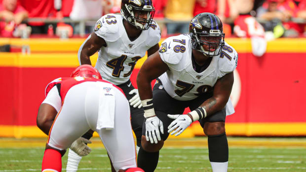 Sep 22, 2019; Kansas City, MO, USA; Baltimore Ravens tackle Orlando Brown (78) during the first half against the Kansas City Chiefs at Arrowhead Stadium. Mandatory Credit: Jay Biggerstaff-USA TODAY Sports