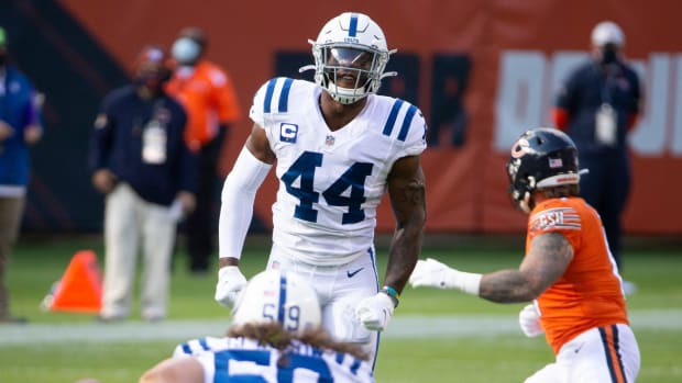 Indianapolis Colts outside linebacker Zaire Franklin (44) celebrates after Indianapolis Colts linebacker Jordan Glasgow (59) blocks a kick during the first quarter as the Chicago Bears host the Indianapolis Colts at Soldier Field in Chicago on Sunday, Oct. 4, 2020. Indianapolis Colts Face The Chicago Bears In Chicago On Sunday Oct 4 2020