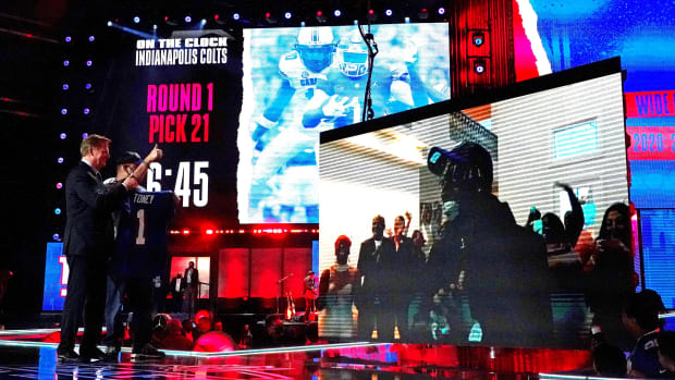 Apr 29, 2021; Cleveland, Ohio, USA; Kadarius Toney (Florida) with NFL commissioner Roger Goodell over video call after being selected by the New York Giants as the number 20 overall pick in the first round of the 2021 NFL Draft at First Energy Stadium.