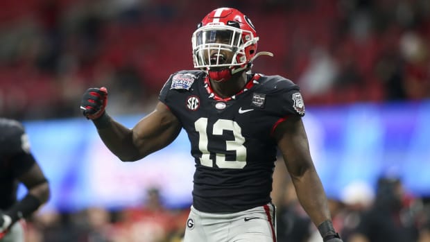 Jan 1, 2021; Atlanta, GA, USA; Georgia Bulldogs linebacker Azeez Ojulari (13) celebrates after a sack against the Cincinnati Bearcats in the second half of the Chick-fil-A Peach Bowl at Mercedes-Benz Stadium.