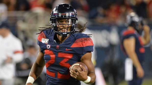 Sep 28, 2019; Tucson, AZ, USA; Arizona Wildcats running back Gary Brightwell (23) warms up before the game against the UCLA Bruins at Arizona Stadium.