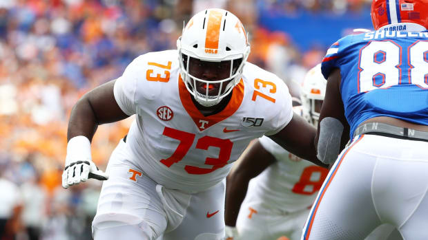 Sep 21, 2019; Gainesville, FL, USA;Tennessee Volunteers offensive lineman Trey Smith (73) blocks during the first quarter at Ben Hill Griffin Stadium. Mandatory Credit: Kim Klement-USA TODAY Sports