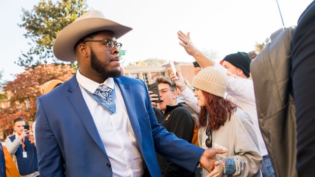 Tennessee offensive lineman Trey Smith (73) during the Vol Walk held before a football game between Tennessee and UAB at Neyland Stadium on Saturday, November 2, 2019. Kns Uabvut1102 Bp Jpg