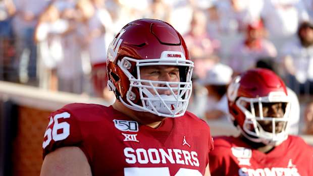 OU's Creed Humphrey (56) walks to the field before the 2019 season opener against Houston at Gaylord Family-Oklahoma Memorial Stadium in Norman. creed