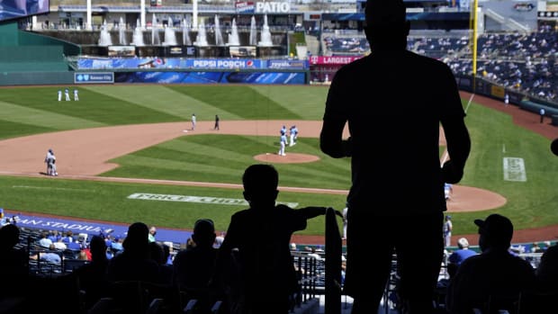 Apr 4, 2021; Kansas City, Missouri, USA; Kansas City Royals fans take their seats before the fourth inning against the Texas Rangers at Kauffman Stadium. Mandatory Credit: Jay Biggerstaff-USA TODAY Sports