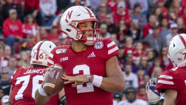 Adrian Martinez looks for a receiver in Nebraska's game against Northwestern in October 2019.
