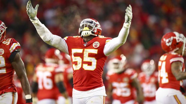 Jan 12, 2020; Kansas City, MO, USA; Kansas City Chiefs defensive end Frank Clark (55) celebrates during the fourth quarter against the Houston Texans in a AFC Divisional Round playoff football game at Arrowhead Stadium. Mandatory Credit: Mark J. Rebilas-USA TODAY Sports