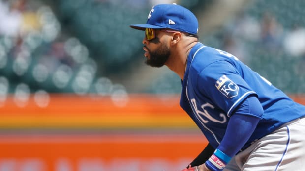May 13, 2021; Detroit, Michigan, USA; Kansas City Royals first baseman Carlos Santana (41) in the field in the fourth inning against the Detroit Tigers at Comerica Park. Mandatory Credit: Rick Osentoski-USA TODAY Sports