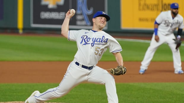 May 21, 2021; Kansas City, Missouri, USA; Kansas City Royals relief pitcher Tyler Zuber (53) delivers a pitch in the seventh inning against the Detroit Tigers at Kauffman Stadium. Mandatory Credit: Denny Medley-USA TODAY Sports