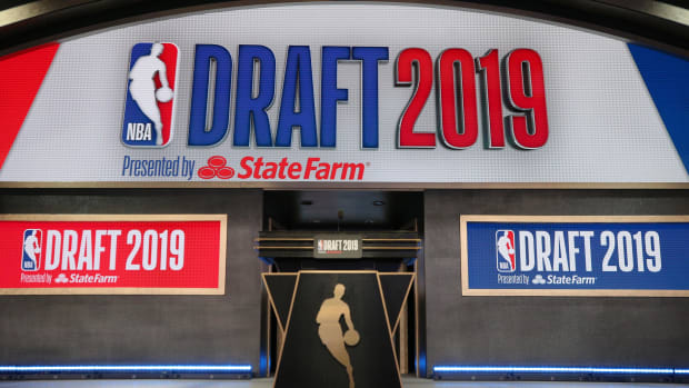 Jun 20, 2019; Brooklyn, NY, USA; General view of the stage and podium before the start of the 2019 NBA draft at Barclays Center. Mandatory Credit: Brad Penner-USA TODAY Sports