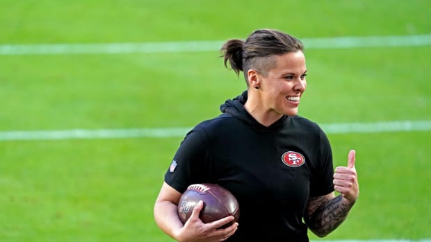 Feb 2, 2020; Miami Gardens, Florida, USA; San Francisco 49ers offensive assistant coach Katie Sowers before Super Bowl LIV against the Kansas City Chiefs at Hard Rock Stadium. Mandatory Credit: Kirby Lee-USA TODAY Sports