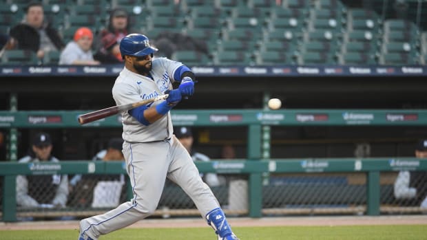 May 11, 2021; Detroit, Michigan, USA; Kansas City Royals first baseman Carlos Santana (41) hits a single during the third inning against the Detroit Tigers at Comerica Park. Mandatory Credit: Tim Fuller-USA TODAY Sports