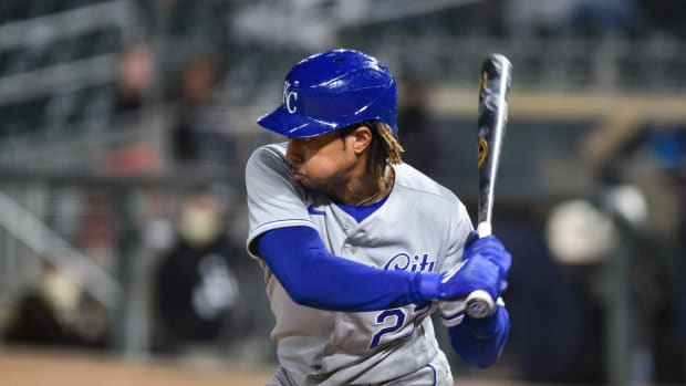 May 28, 2021; Minneapolis, Minnesota, USA; Kansas City Royals shortstop Adalberto Mondesi (27) in action during the ninth inning against the Minnesota Twins at Target Field. Mandatory Credit: Jeffrey Becker-USA TODAY Sports
