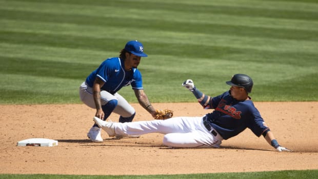 May 29, 2021; Minneapolis, Minnesota, USA; Kansas City Royals shortstop Adalberto Mondesi (27) tags out Minnesota Twins left fielder Trevor Larnach (24) during the sixth inning at Target Field. Mandatory Credit: Jordan Johnson-USA TODAY Sports