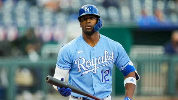 May 22, 2021; Kansas City, Missouri, USA; Kansas City Royals right fielder Jorge Soler (12) reacts during the seventh inning against the Detroit Tigers at Kauffman Stadium. Mandatory Credit: Jay Biggerstaff-USA TODAY Sports