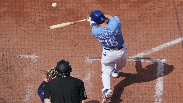 Jun 5, 2021; Kansas City, Missouri, USA; Kansas City Royals left fielder Andrew Benintendi (16) hits a two run hime run in the fifth inning against the Minnesota Twins at Kauffman Stadium. Mandatory Credit: Denny Medley-USA TODAY Sports
