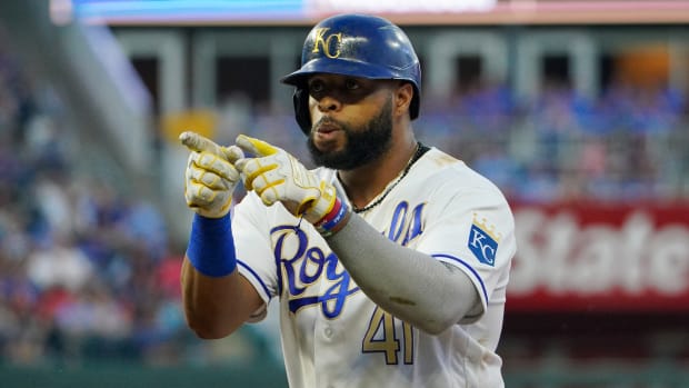 Jun 4, 2021; Kansas City, Missouri, USA; Kansas City Royals first baseman Carlos Santana (41) celebrates after hitting a two run single in the second inning against the Minnesota Twins at Kauffman Stadium. Mandatory Credit: Denny Medley-USA TODAY Sports
