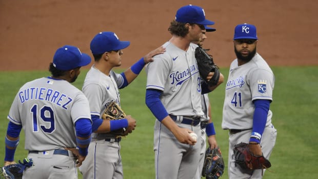 Jun 7, 2021; Anaheim, California, USA; Kansas City Royals starting pitcher Jackson Kowar (37) waits on the mound to be taken out of the game during the first inning against the Los Angeles Angels at Angel Stadium. Mandatory Credit: Kelvin Kuo-USA TODAY Sports