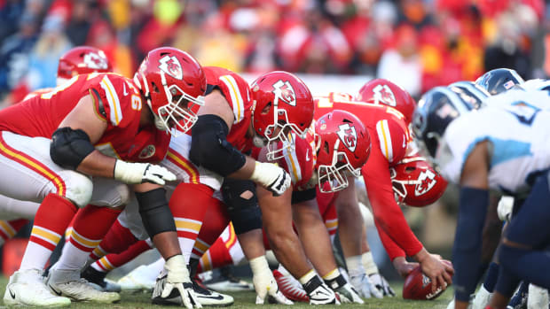 Jan 19, 2020; Kansas City, Missouri, USA; General view down the line of scrimmage as the Kansas City Chiefs prepare to snap the ball against the Tennessee Titans in the AFC Championship Game at Arrowhead Stadium. Mandatory Credit: Mark J. Rebilas-USA TODAY Sports