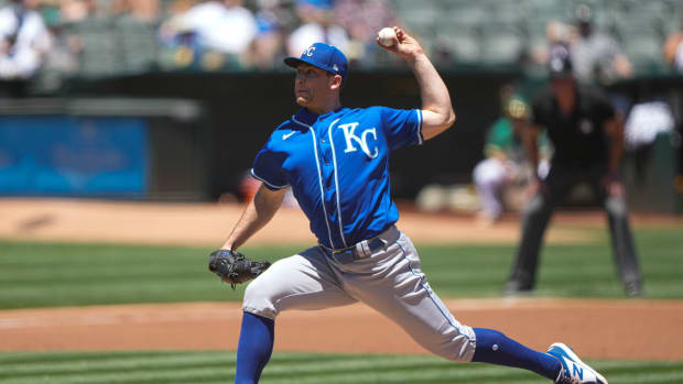 Jun 13, 2021; Oakland, California, USA; Kansas City Royals starting pitcher Kris Bubic (50) pitches during the first inning against the Oakland Athletics at RingCentral Coliseum. Mandatory Credit: Stan Szeto-USA TODAY Sports